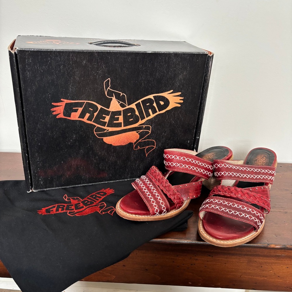 Freebird by Steven Red Leather‎ Whipstitch Braided Block Heel Slide Sandals Sz 9